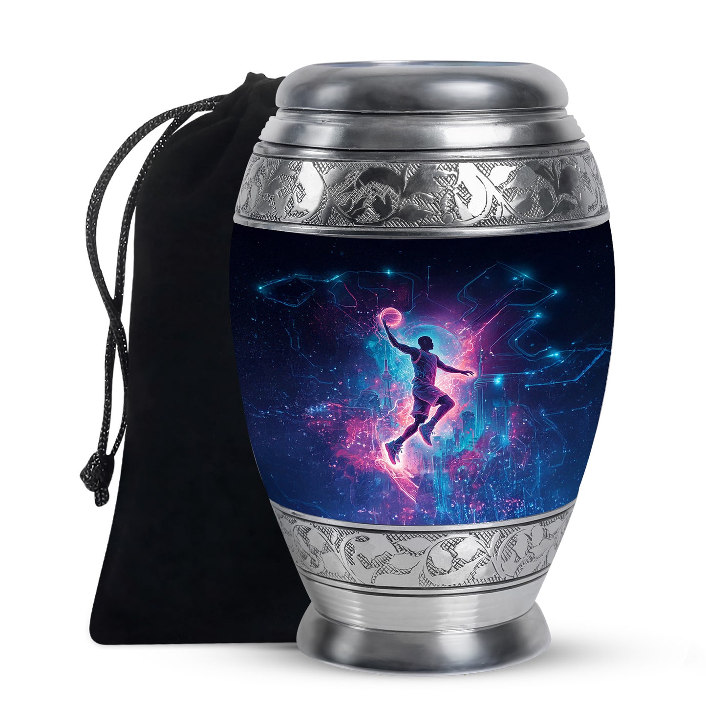 Obsidian Black Basketball Cremation Urn back view with polished surface - majestic basketball pattern with filigree border - full-size 10 inch 200 cubic inch adult cremation urn