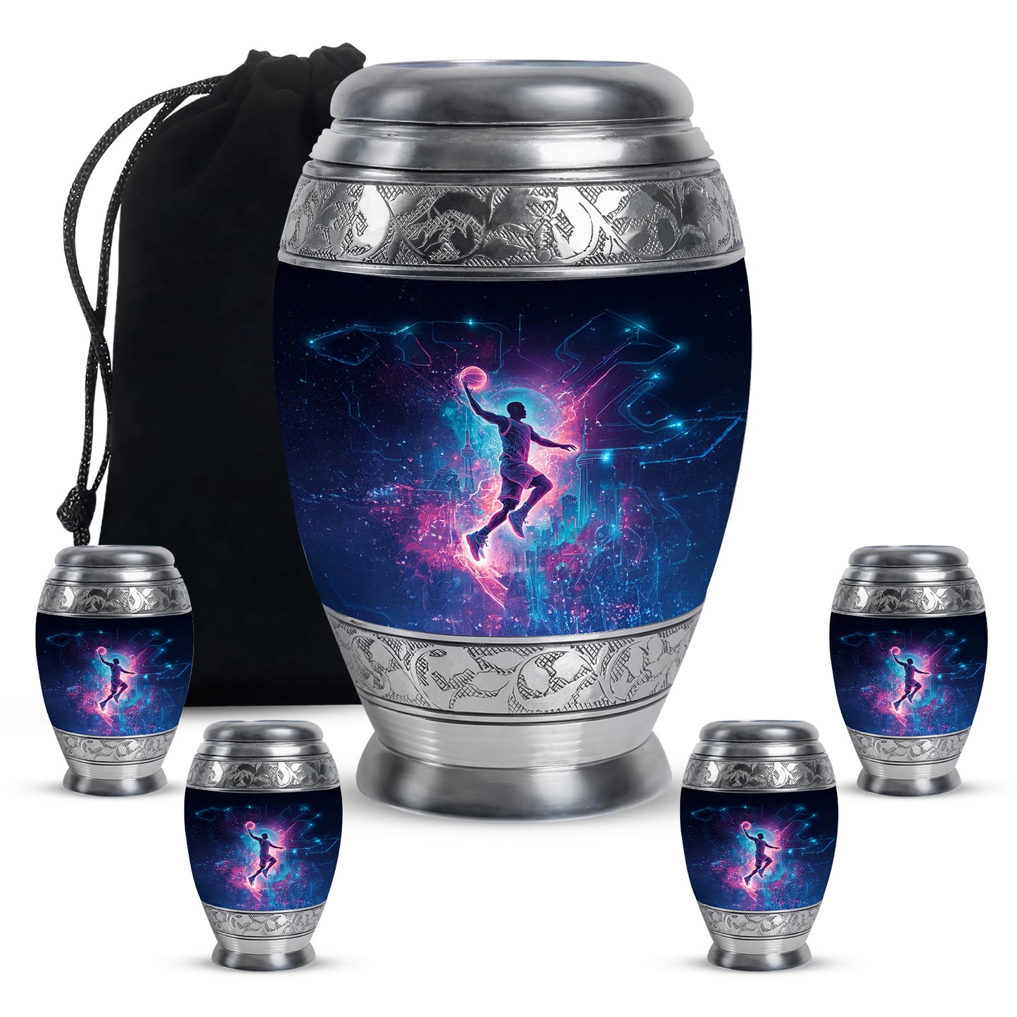 Rich Black Basketball Cremation Urn detail view - regal basketball design with crown-inspired accents - memorial set with one large and four small urns