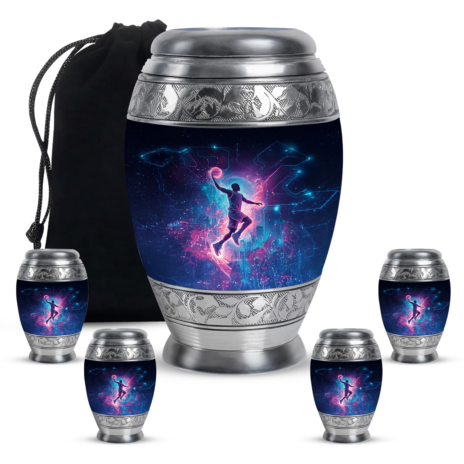 Rich Black Basketball Cremation Urn detail view - regal basketball design with crown-inspired accents - memorial set with one large and four small urns