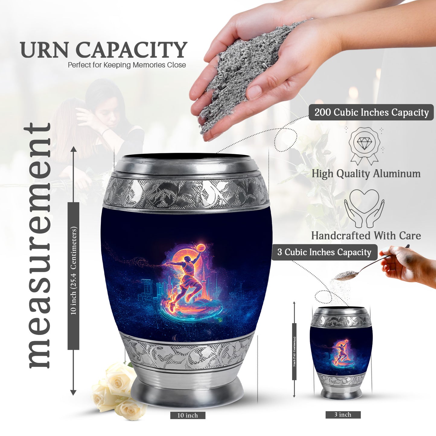 Glossy Black Basketball Cremation Urn lifestyle display on memorial shelf - ornate monarch-style basketball relief on brushed aluminum - mini keepsake memorial for portion of cremation ashes