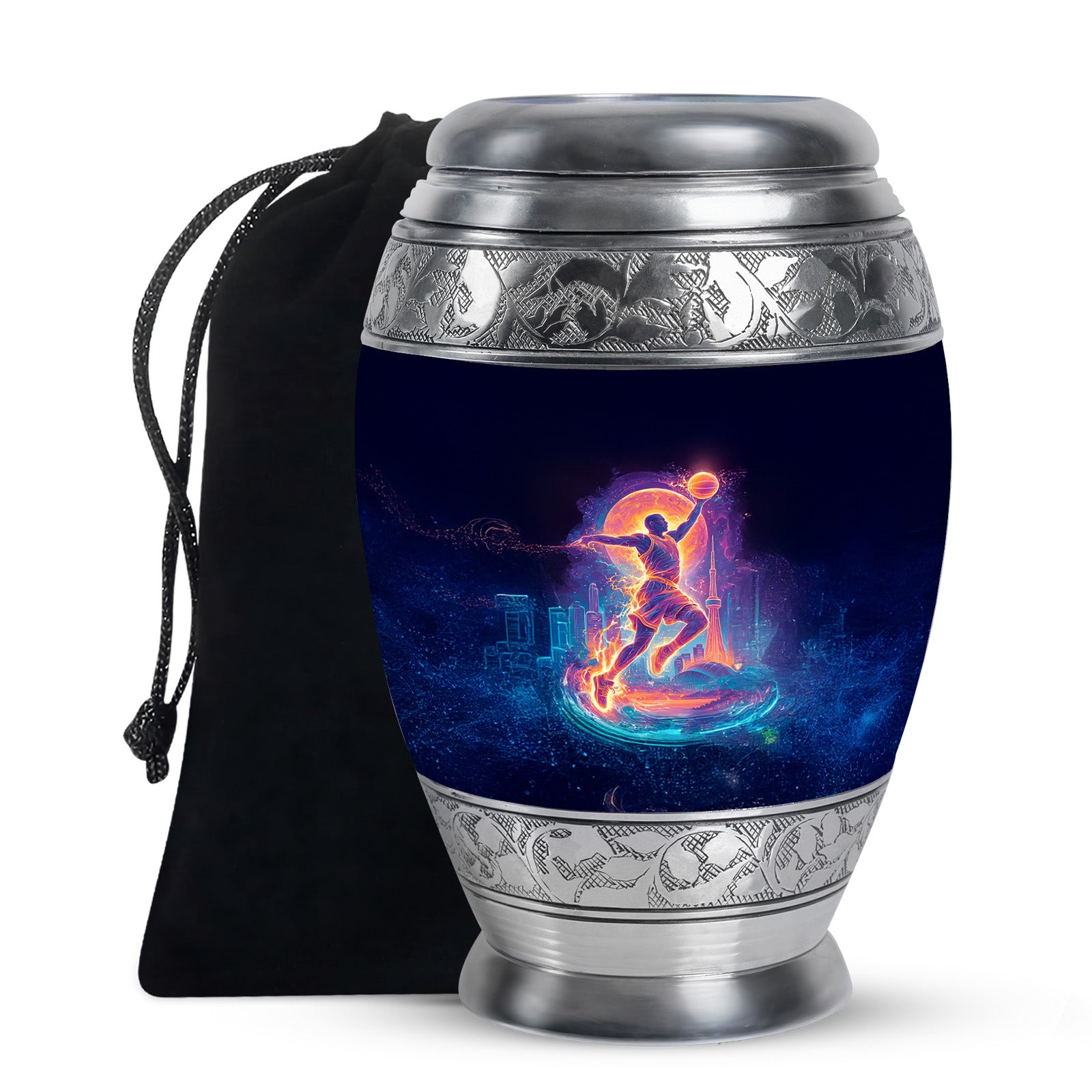 Jet Black Basketball Cremation Urn back view with polished surface - ornate monarch-style basketball relief on brushed aluminum - full-size 10 inch 200 cubic inch adult cremation urn