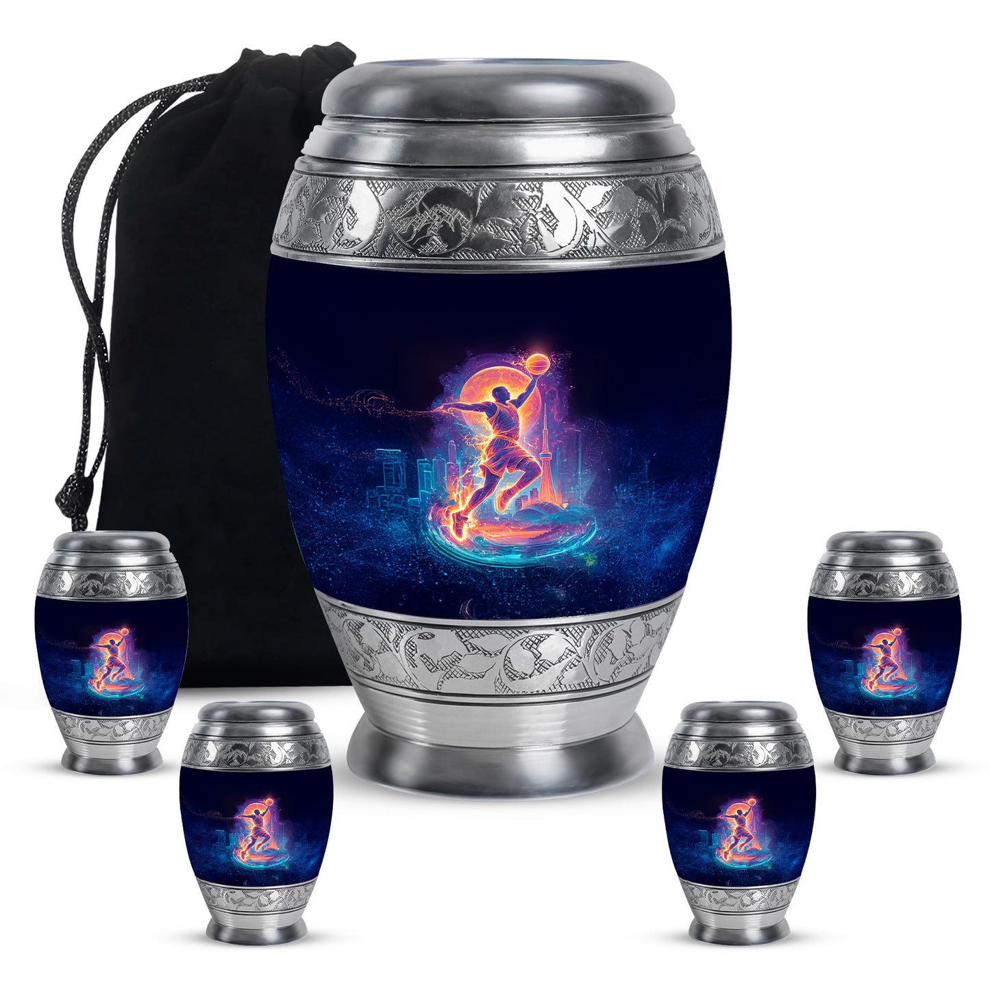 Rich Black Basketball Cremation Urn detail view - ornate monarch-style basketball relief on brushed aluminum - memorial set with one large and four small urns