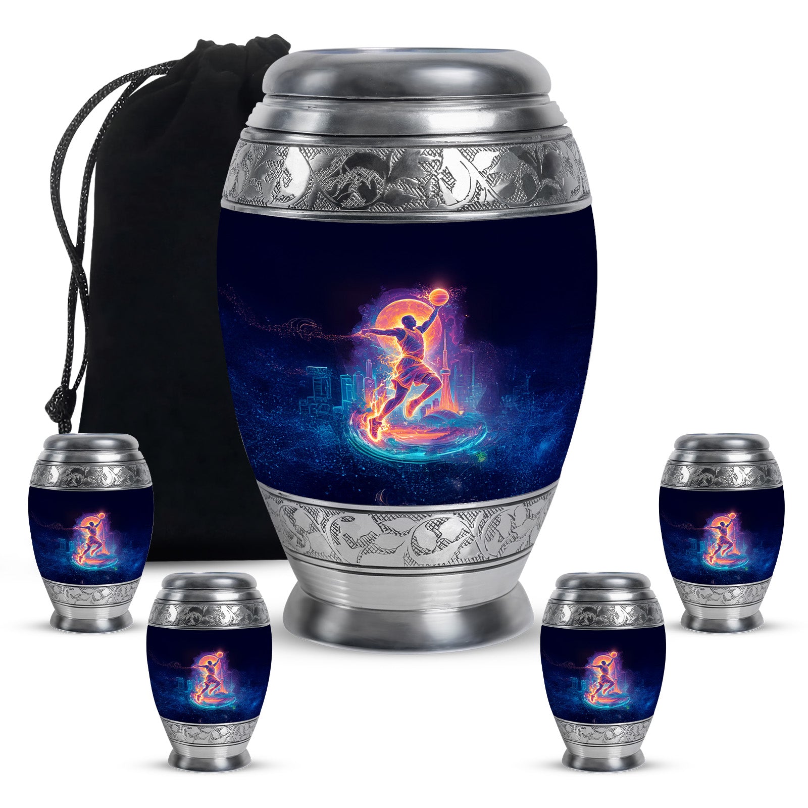 Rich Black Basketball Cremation Urn detail view - ornate monarch-style basketball relief on brushed aluminum - memorial set with one large and four small urns