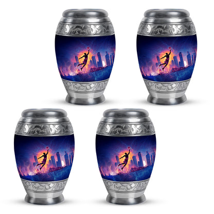 Deep Black Basketball Cremation Urn urn with complimentary velvet bag - ornate monarch-style basketball relief on brushed aluminum - 10 inch aluminum urn for cremated remains