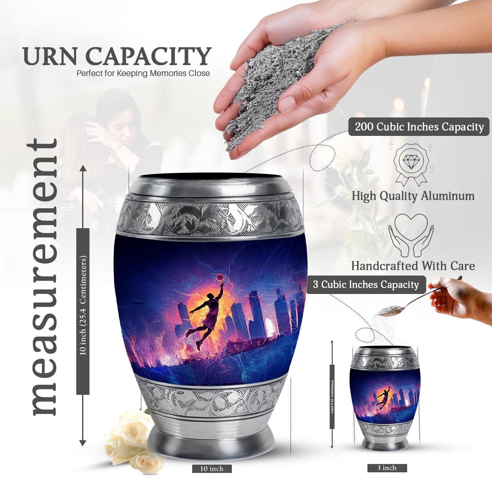 Rich Black Basketball Cremation Urn lifestyle display on memorial shelf - ornate monarch-style basketball relief on brushed aluminum - mini keepsake memorial for portion of cremation ashes