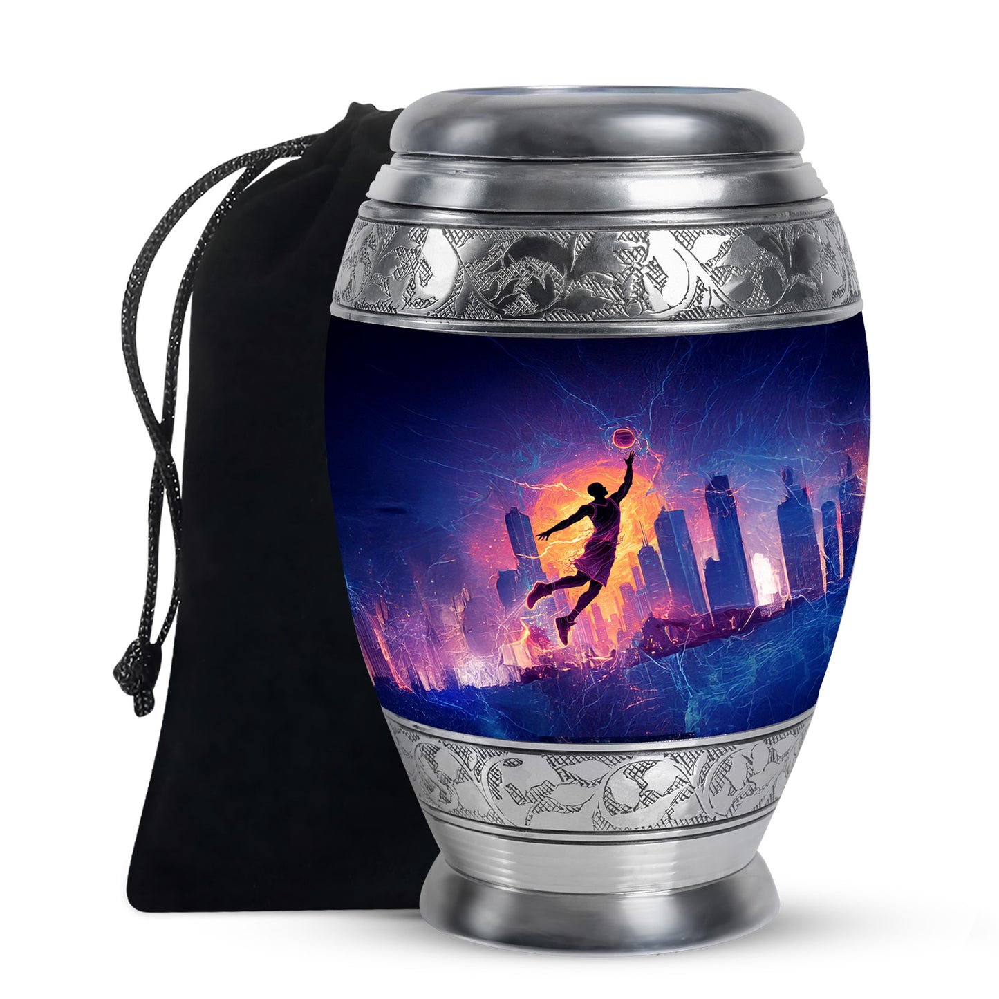 Glossy Black Basketball Cremation Urn back view with polished surface - ornate monarch-style basketball relief on brushed aluminum - full-size 10 inch 200 cubic inch adult cremation urn