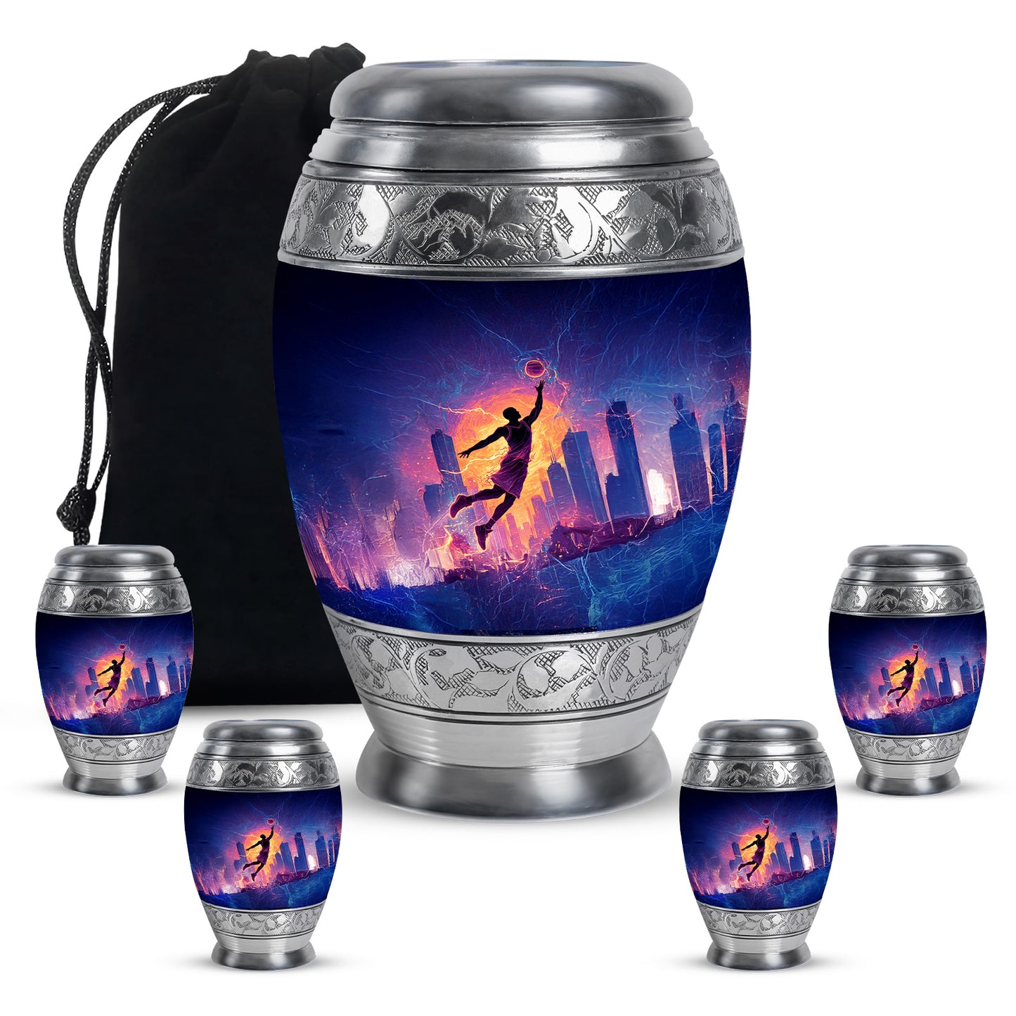 Charcoal Black Basketball Cremation Urn detail view - royal basketball engraving with decorative scrollwork - memorial set with one large and four small urns