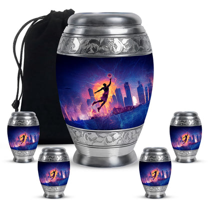 Charcoal Black Basketball Cremation Urn detail view - royal basketball engraving with decorative scrollwork - memorial set with one large and four small urns