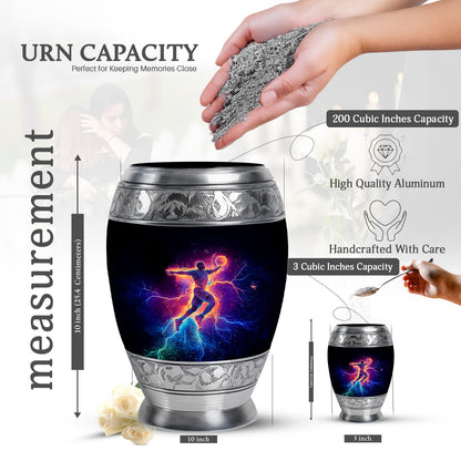Onyx Black Basketball Cremation Urn lifestyle display on memorial shelf - royal basketball engraving with decorative scrollwork - mini keepsake memorial for portion of cremation ashes
