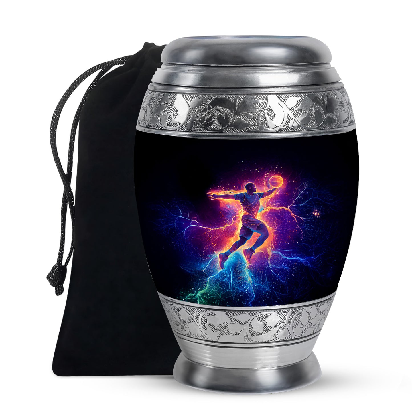 Dark Black Basketball Cremation Urn back view with polished surface - majestic basketball pattern with filigree border - full-size 10 inch 200 cubic inch adult cremation urn