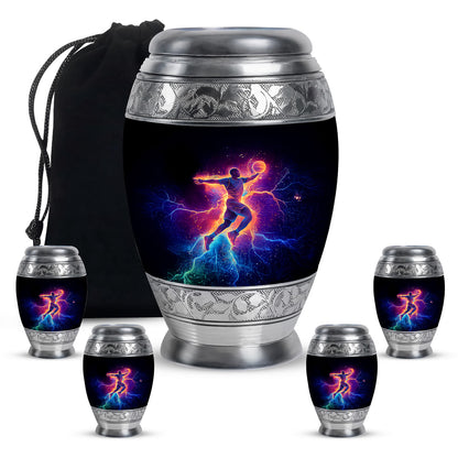 Deep Black Basketball Cremation Urn detail view - regal basketball design with crown-inspired accents - memorial set with one large and four small urns