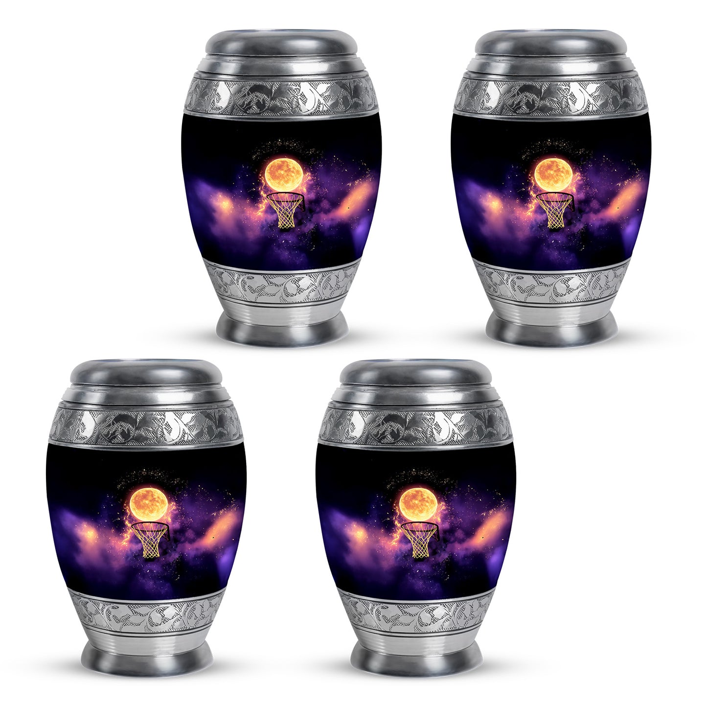 Onyx Black Basketball Cremation Urn urn with complimentary velvet bag - majestic basketball pattern with filigree border - 10 inch aluminum urn for cremated remains