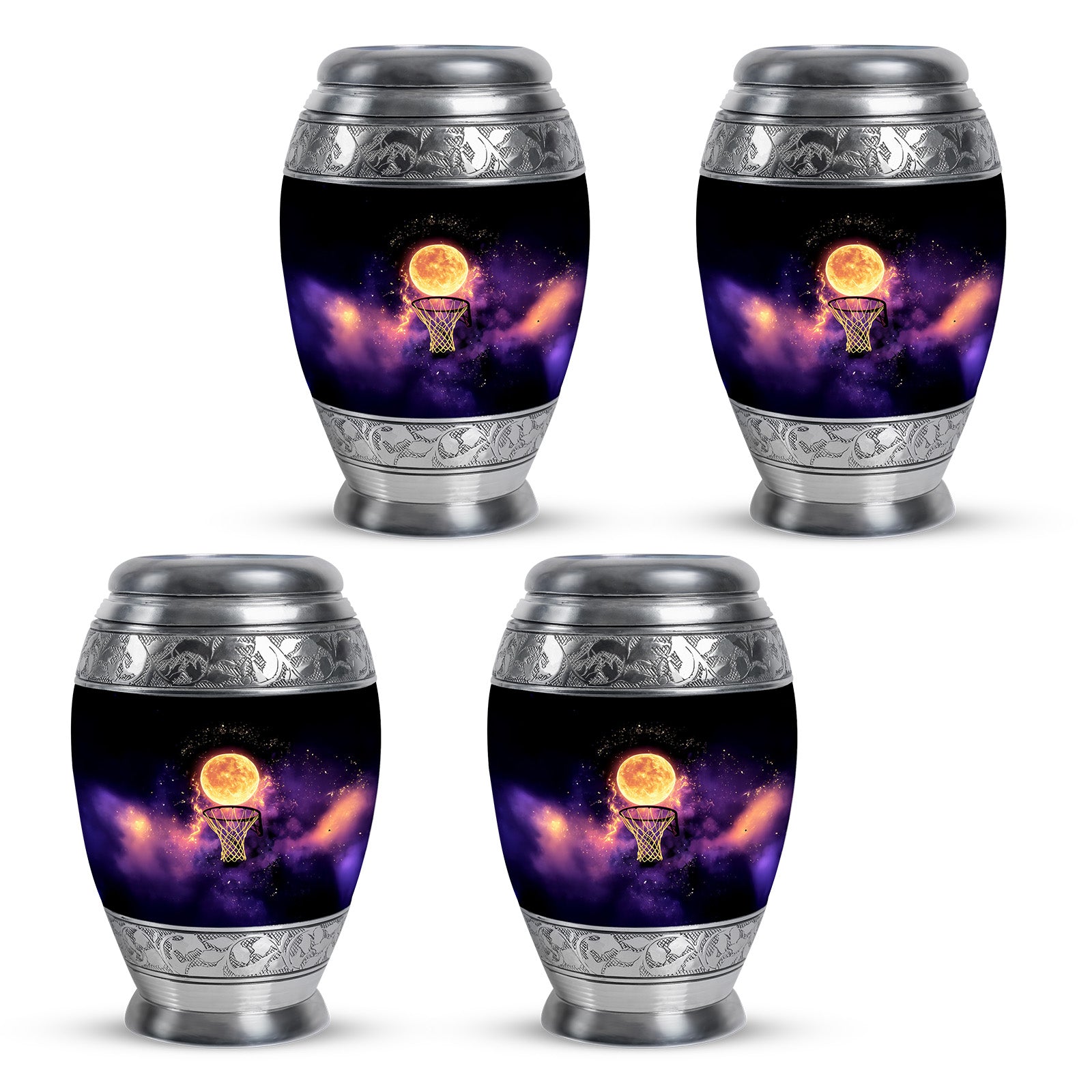 Onyx Black Basketball Cremation Urn urn with complimentary velvet bag - majestic basketball pattern with filigree border - 10 inch aluminum urn for cremated remains