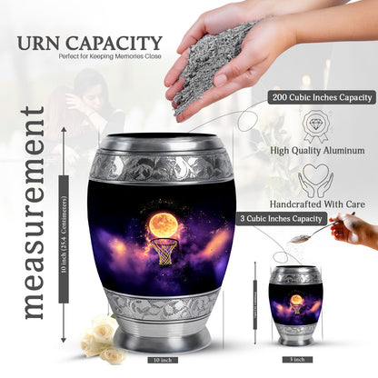 Rich Black Basketball Cremation Urn lifestyle display on memorial shelf - ornate monarch-style basketball relief on brushed aluminum - mini keepsake memorial for portion of cremation ashes