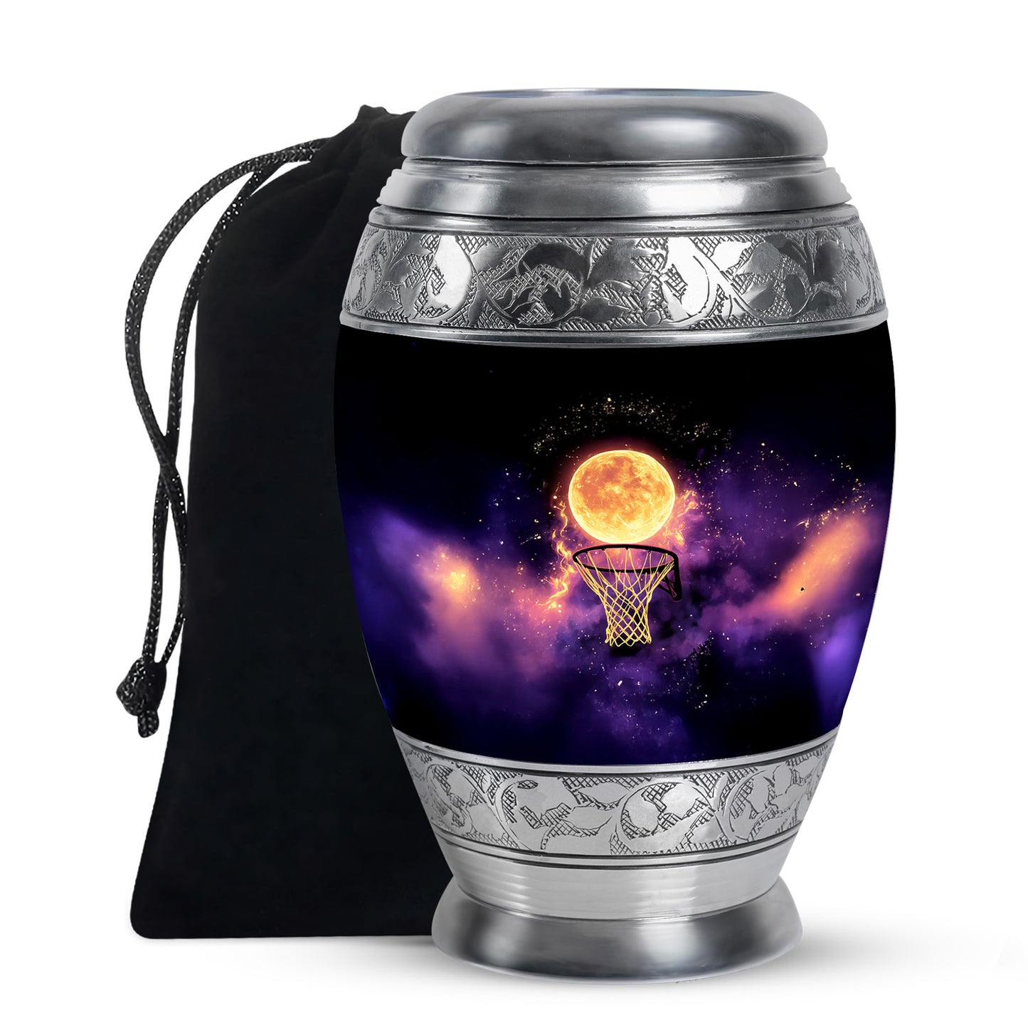 Ebony Basketball Cremation Urn back view with polished surface - regal basketball design with crown-inspired accents - full-size 10 inch 200 cubic inch adult cremation urn