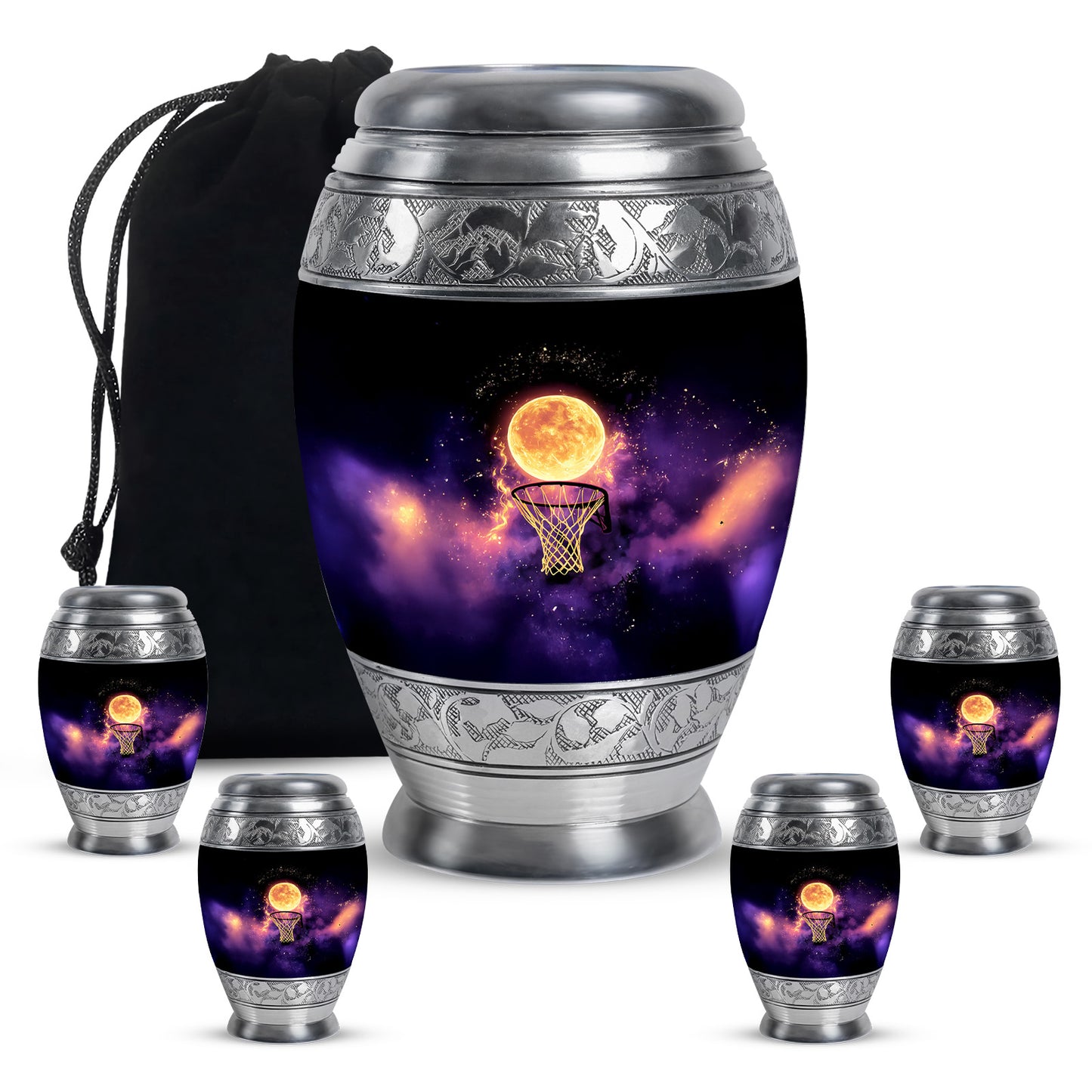 Deep Black Basketball Cremation Urn detail view - ornate monarch-style basketball relief on brushed aluminum - memorial set with one large and four small urns