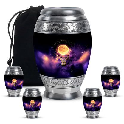 Deep Black Basketball Cremation Urn detail view - ornate monarch-style basketball relief on brushed aluminum - memorial set with one large and four small urns