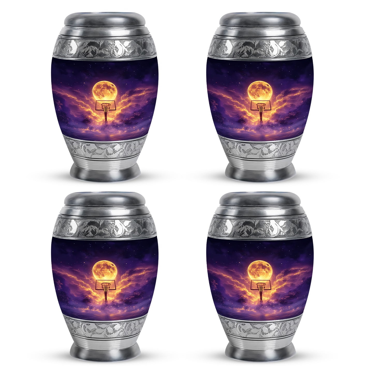 Cornflower Blue Basketball Cremation Urn urn with complimentary velvet bag - majestic basketball pattern with filigree border - 10 inch aluminum urn for cremated remains