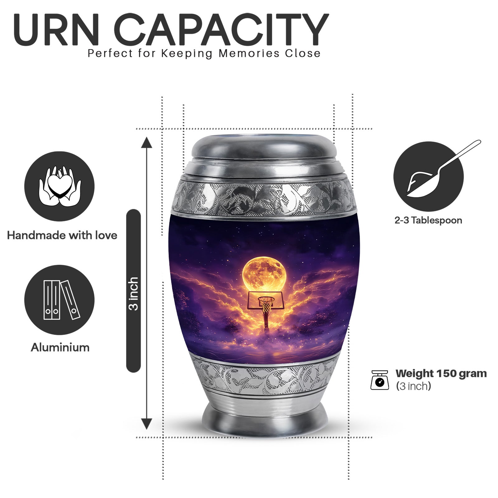 Royal Blue Basketball Cremation Urn lifestyle display on memorial shelf - royal basketball engraving with decorative scrollwork - mini keepsake memorial for portion of cremation ashes