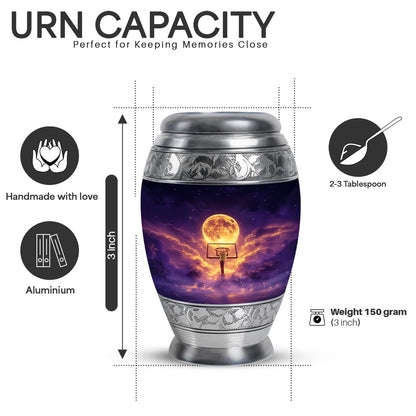 Royal Blue Basketball Cremation Urn lifestyle display on memorial shelf - royal basketball engraving with decorative scrollwork - mini keepsake memorial for portion of cremation ashes