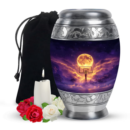 Royal Blue Basketball Cremation Urn back view with polished surface - majestic basketball pattern with filigree border - full-size 10 inch 200 cubic inch adult cremation urn