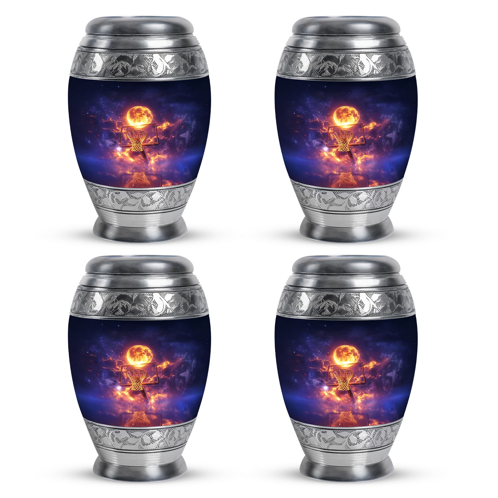Soft Blue Basketball Cremation Urn urn with complimentary velvet bag - majestic basketball pattern with filigree border - 10 inch aluminum urn for cremated remains