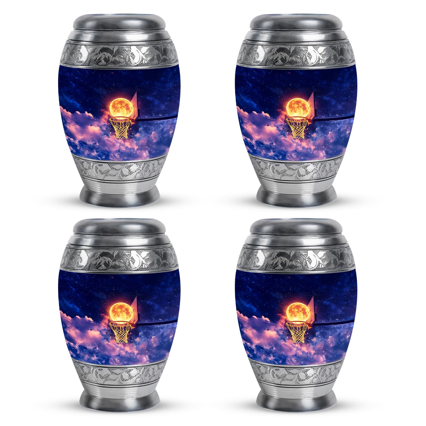 Cobalt Blue Basketball Cremation Urn urn with complimentary velvet bag - majestic basketball pattern with filigree border - 10 inch aluminum urn for cremated remains