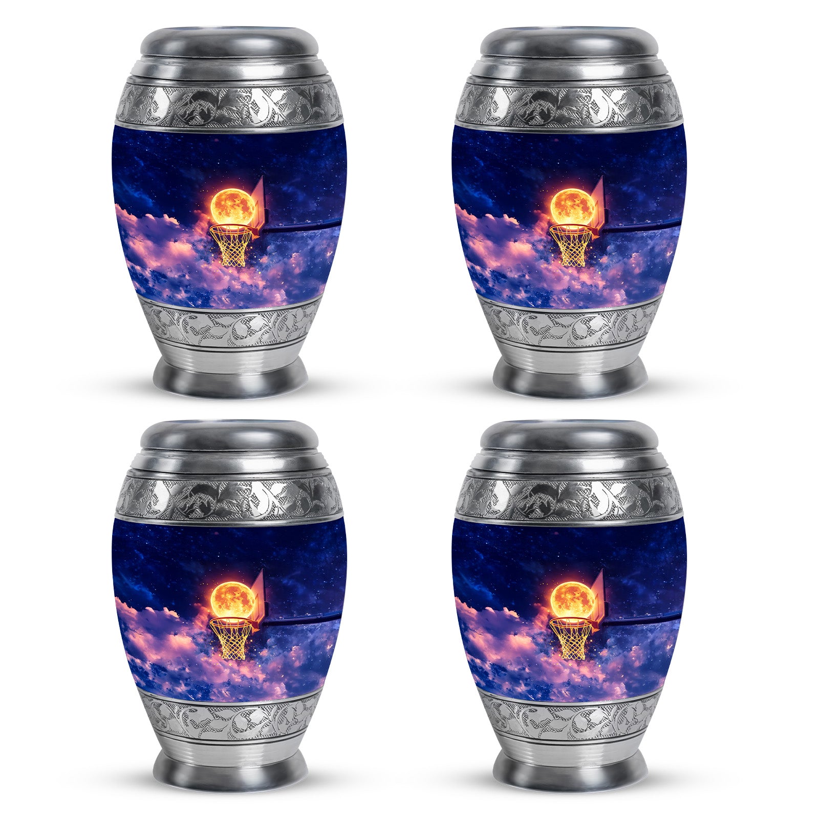 Cobalt Blue Basketball Cremation Urn urn with complimentary velvet bag - majestic basketball pattern with filigree border - 10 inch aluminum urn for cremated remains
