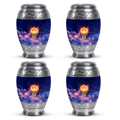 Cobalt Blue Basketball Cremation Urn urn with complimentary velvet bag - majestic basketball pattern with filigree border - 10 inch aluminum urn for cremated remains