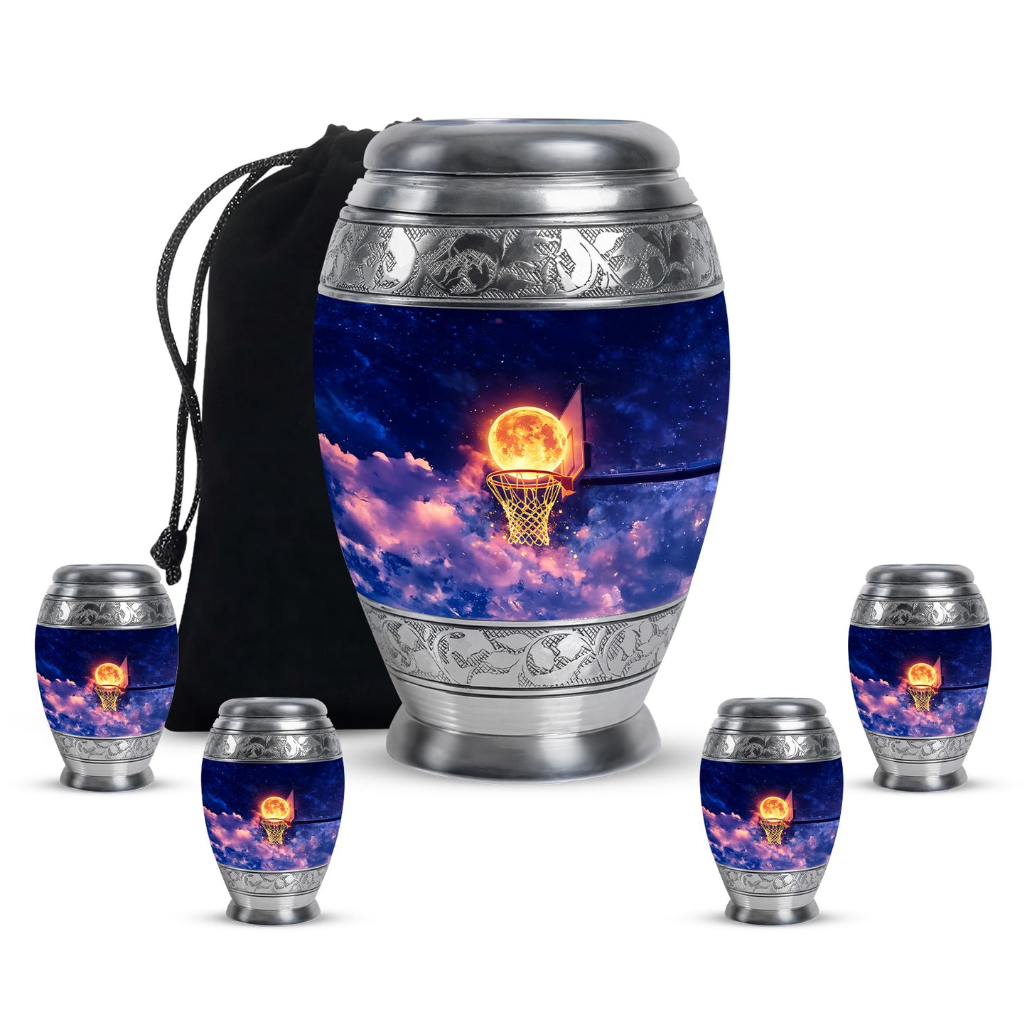 Cobalt Blue Basketball Cremation Urn detail view - majestic basketball pattern with filigree border - memorial set with one large and four small urns