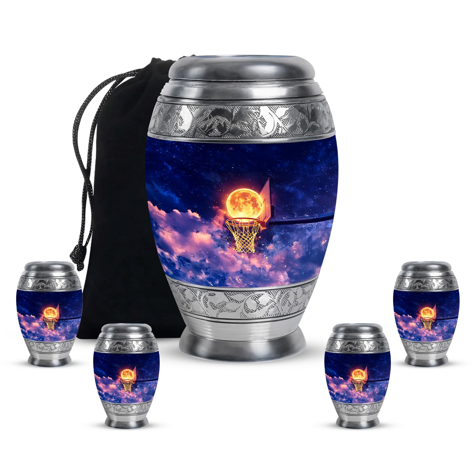 Cobalt Blue Basketball Cremation Urn detail view - majestic basketball pattern with filigree border - memorial set with one large and four small urns