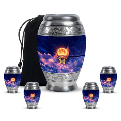 Cobalt Blue Basketball Cremation Urn detail view - majestic basketball pattern with filigree border - memorial set with one large and four small urns