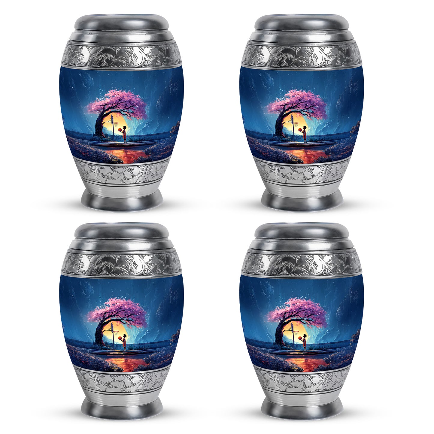 Serene Blue Basketball Cremation Urn urn with complimentary velvet bag - royal basketball engraving with decorative scrollwork - 10 inch aluminum urn for cremated remains