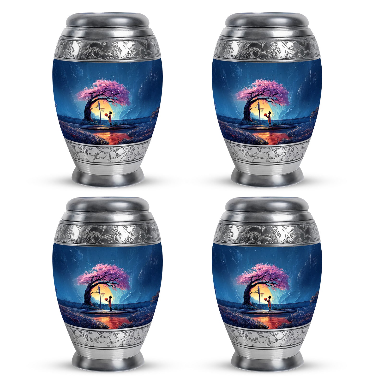 Serene Blue Basketball Cremation Urn urn with complimentary velvet bag - royal basketball engraving with decorative scrollwork - 10 inch aluminum urn for cremated remains