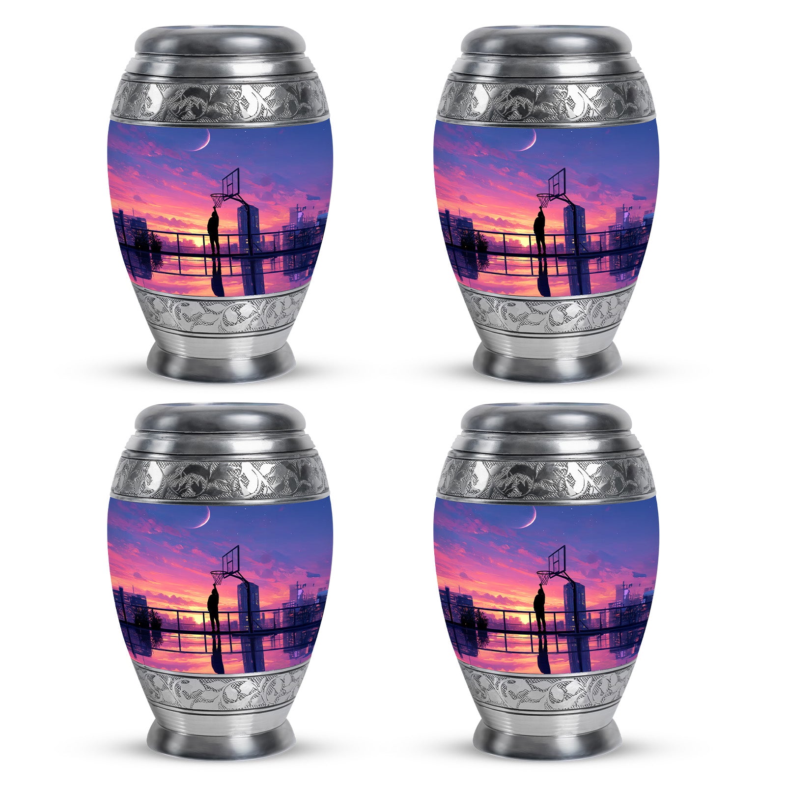 Twilight Blue Basketball Cremation Urn urn with complimentary velvet bag - majestic basketball pattern with filigree border - 10 inch aluminum urn for cremated remains