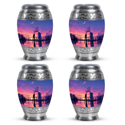 Twilight Blue Basketball Cremation Urn urn with complimentary velvet bag - majestic basketball pattern with filigree border - 10 inch aluminum urn for cremated remains