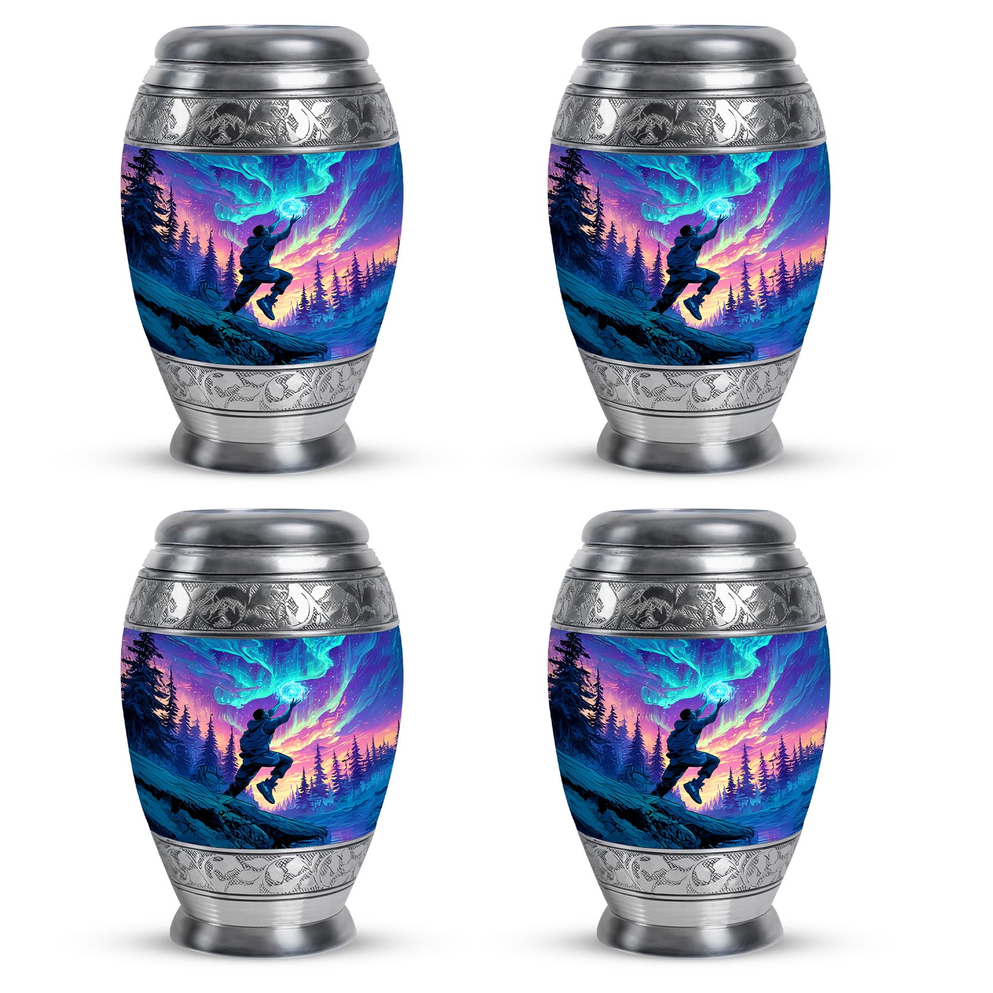 Vivid Blue Basketball Cremation Urn urn with complimentary velvet bag - majestic basketball pattern with filigree border - 10 inch aluminum urn for cremated remains