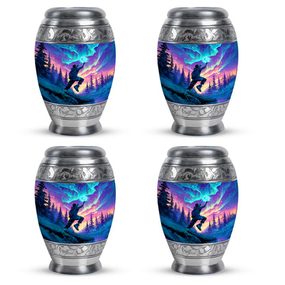 Vivid Blue Basketball Cremation Urn urn with complimentary velvet bag - majestic basketball pattern with filigree border - 10 inch aluminum urn for cremated remains