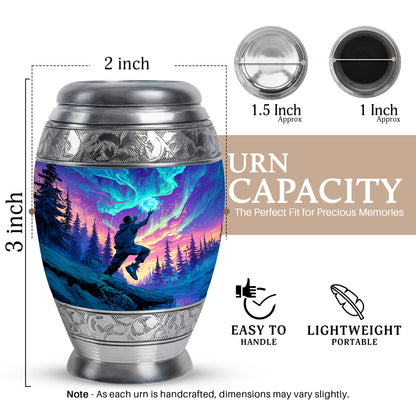 Royal Blue Basketball Cremation Urn lifestyle display on memorial shelf - majestic basketball pattern with filigree border - mini keepsake memorial for portion of cremation ashes