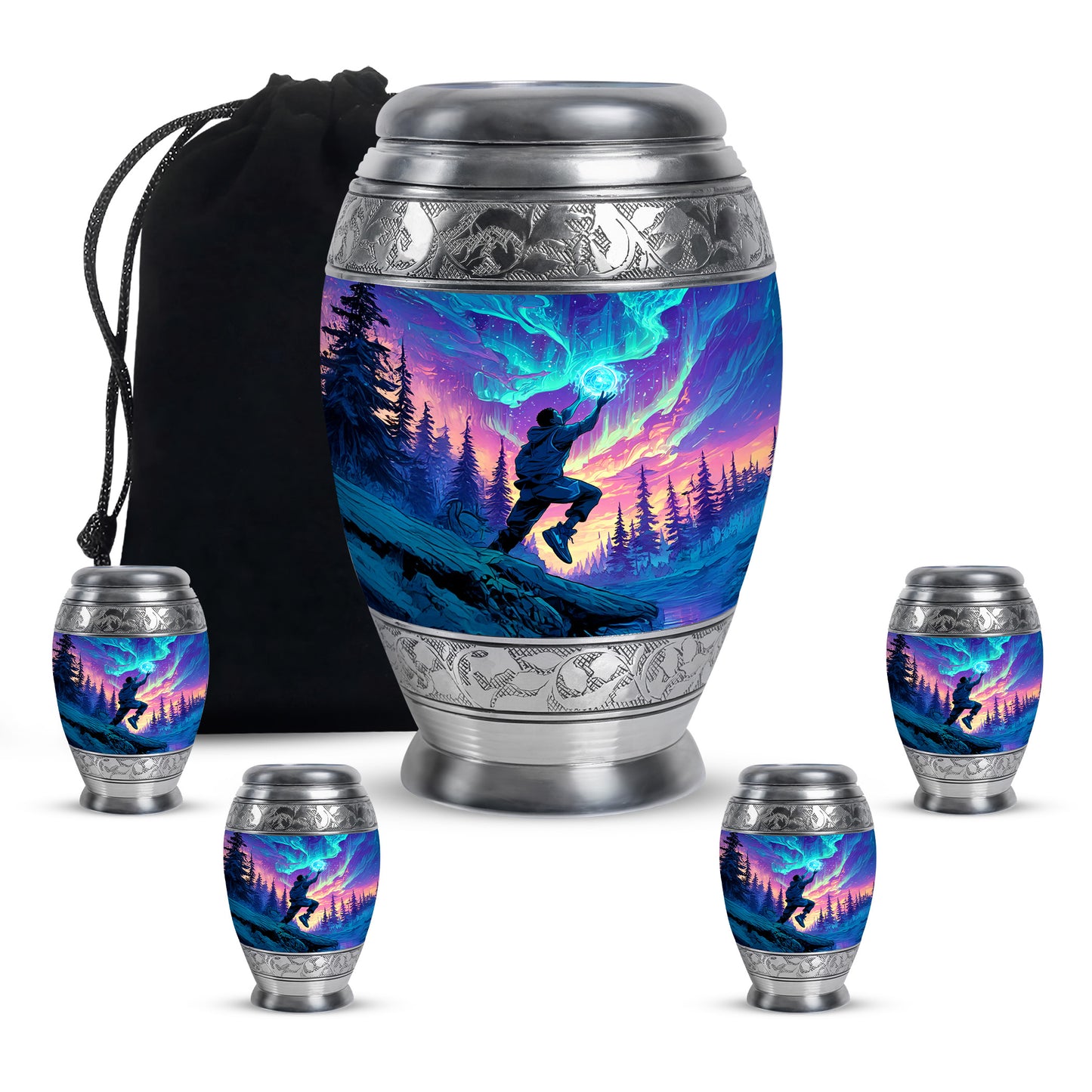 Bright Blue Basketball Cremation Urn detail view - majestic basketball pattern with filigree border - memorial set with one large and four small urns