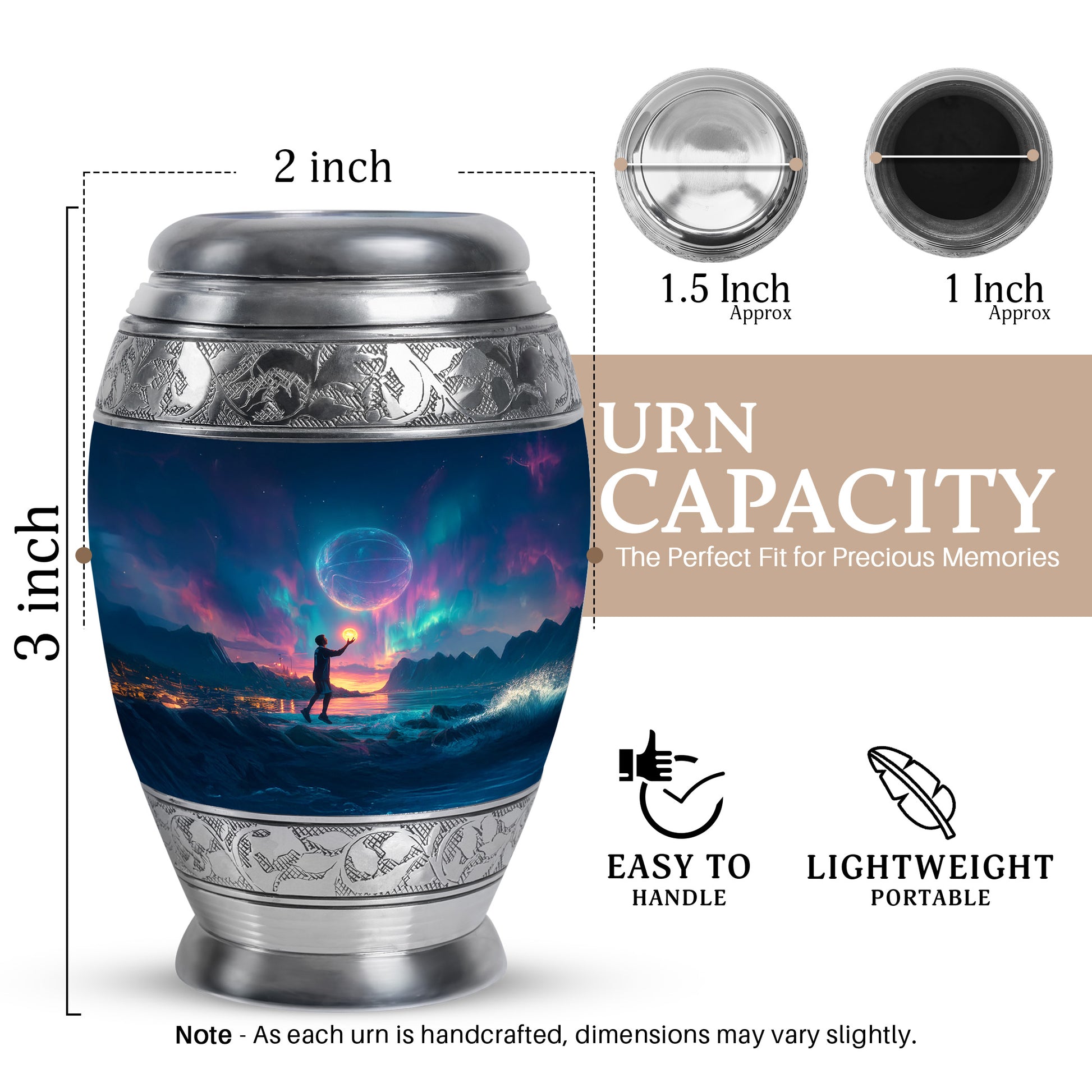 Steel Blue Basketball Cremation Urn lifestyle display on memorial shelf - majestic basketball pattern with filigree border - mini keepsake memorial for portion of cremation ashes