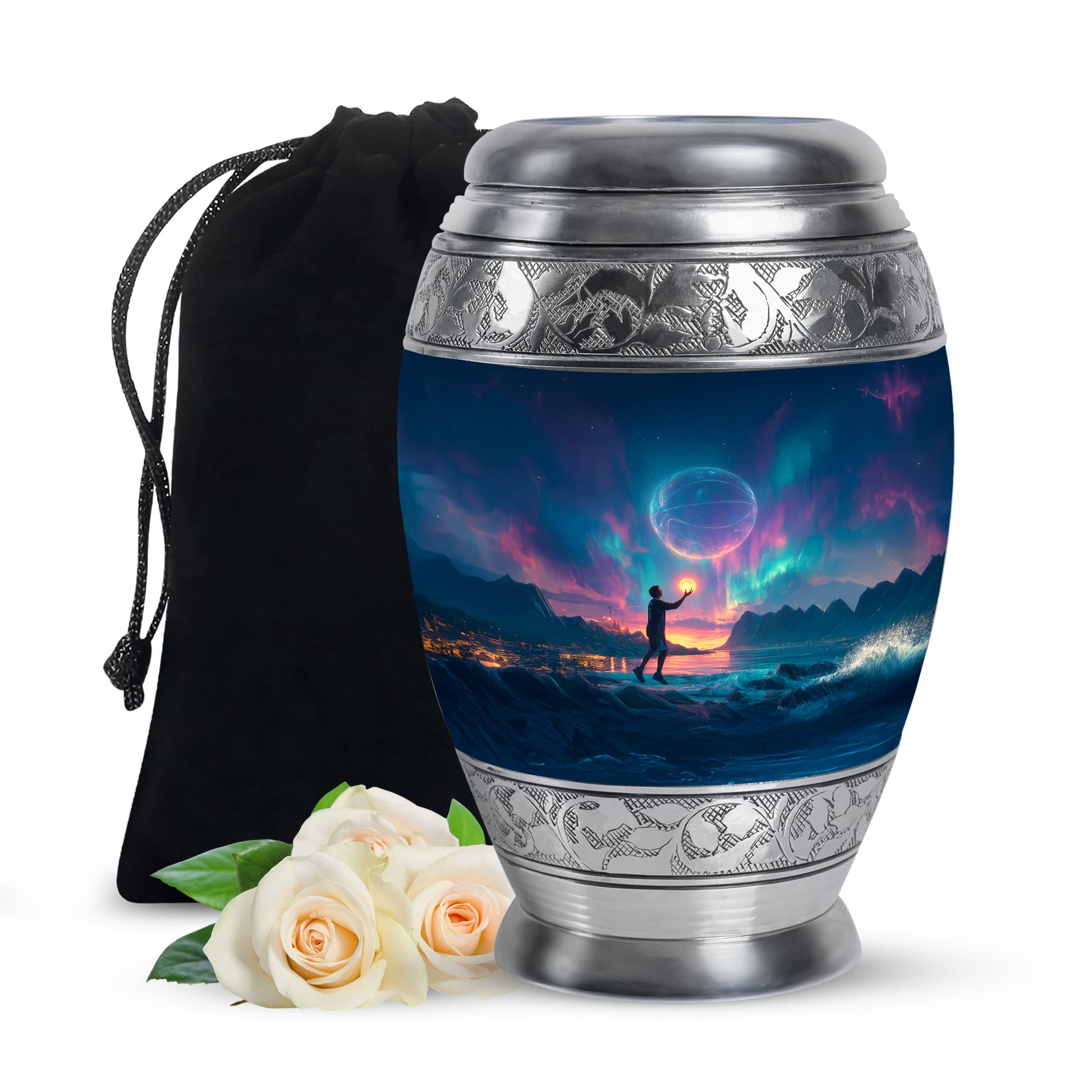 Twilight Blue Basketball Cremation Urn back view with polished surface - royal basketball engraving with decorative scrollwork - full-size 10 inch 200 cubic inch adult cremation urn