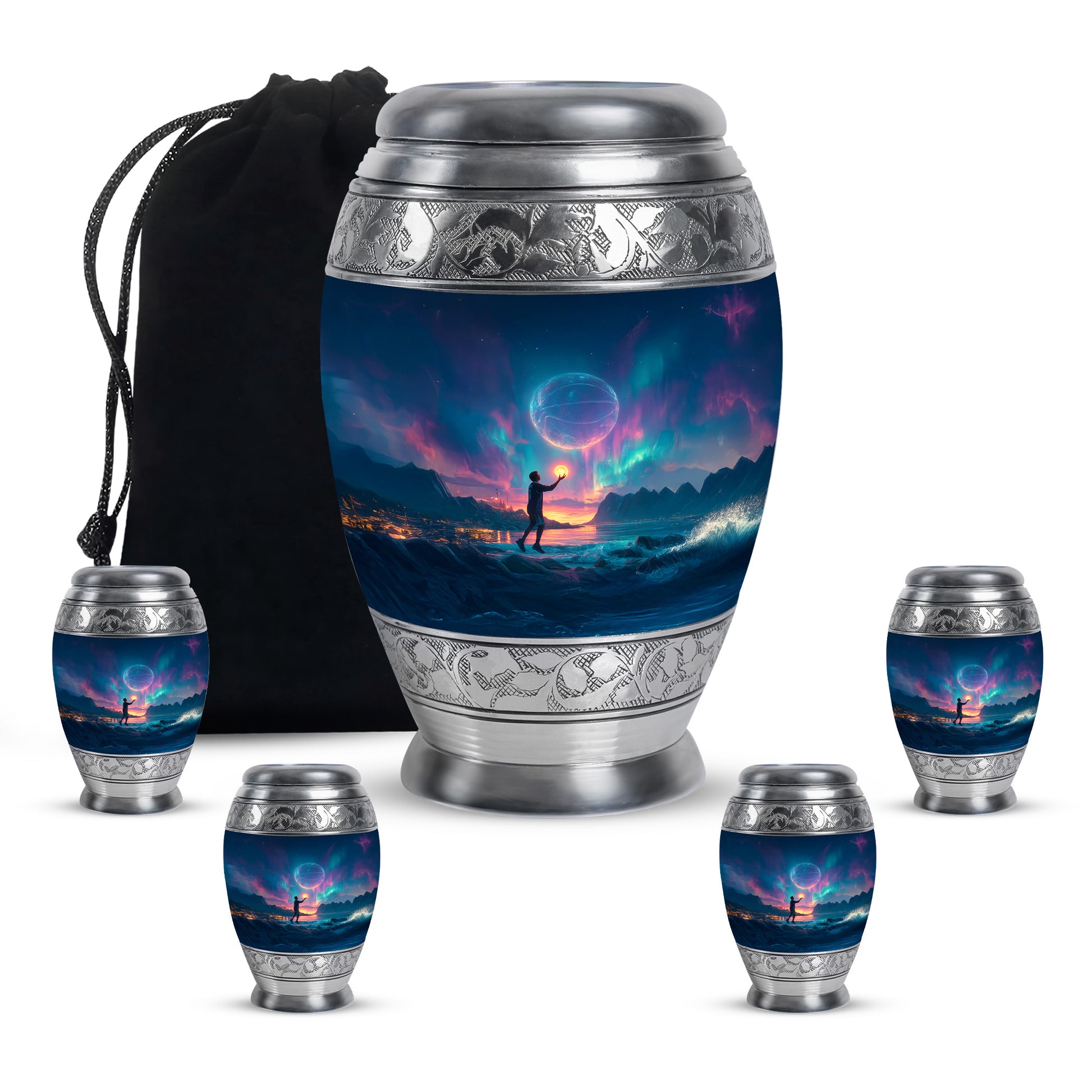 Sapphire Blue Basketball Cremation Urn detail view - majestic basketball pattern with filigree border - memorial set with one large and four small urns
