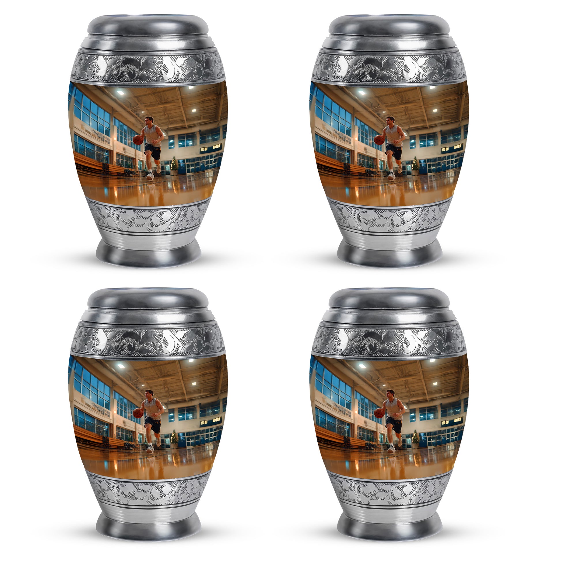 Sunrise Gold Basketball Cremation Urn urn with complimentary velvet bag - ornate monarch-style basketball relief on brushed aluminum - 10 inch aluminum urn for cremated remains