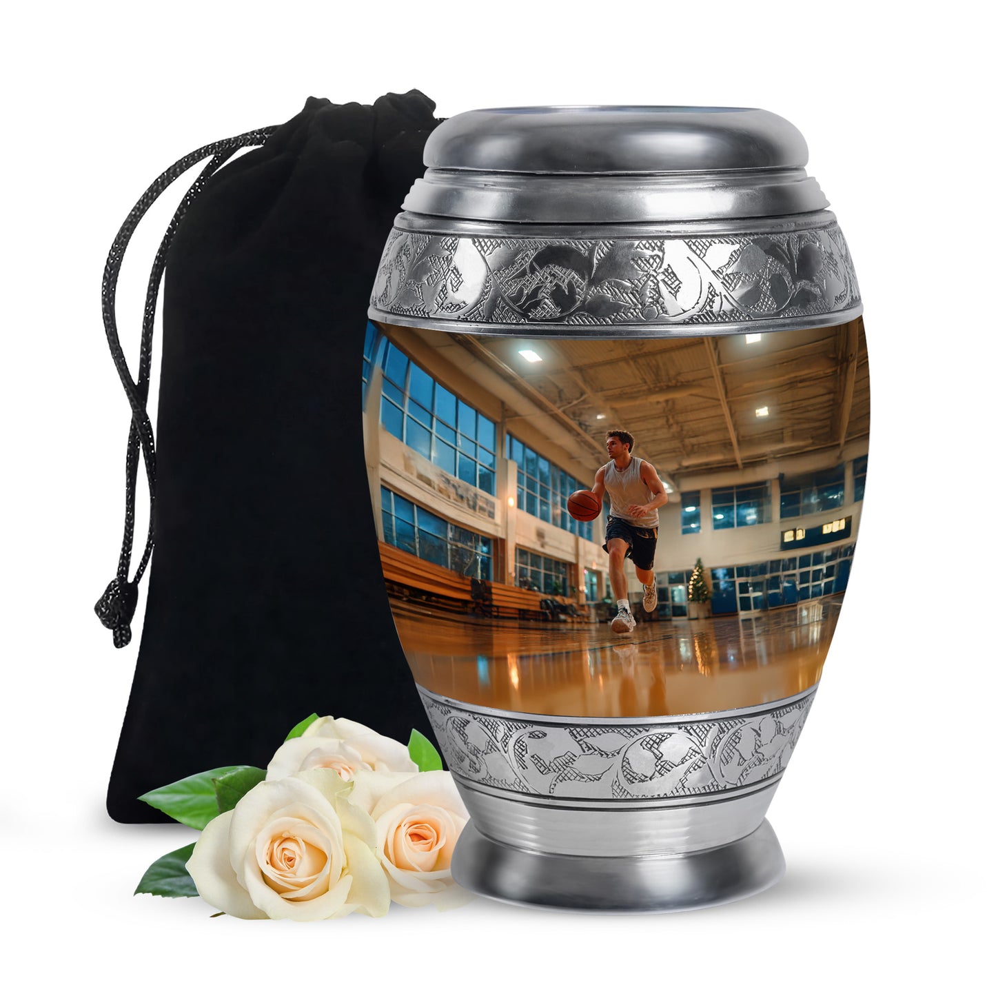Matte Gold Basketball Cremation Urn back view with polished surface - majestic basketball pattern with filigree border - full-size 10 inch 200 cubic inch adult cremation urn