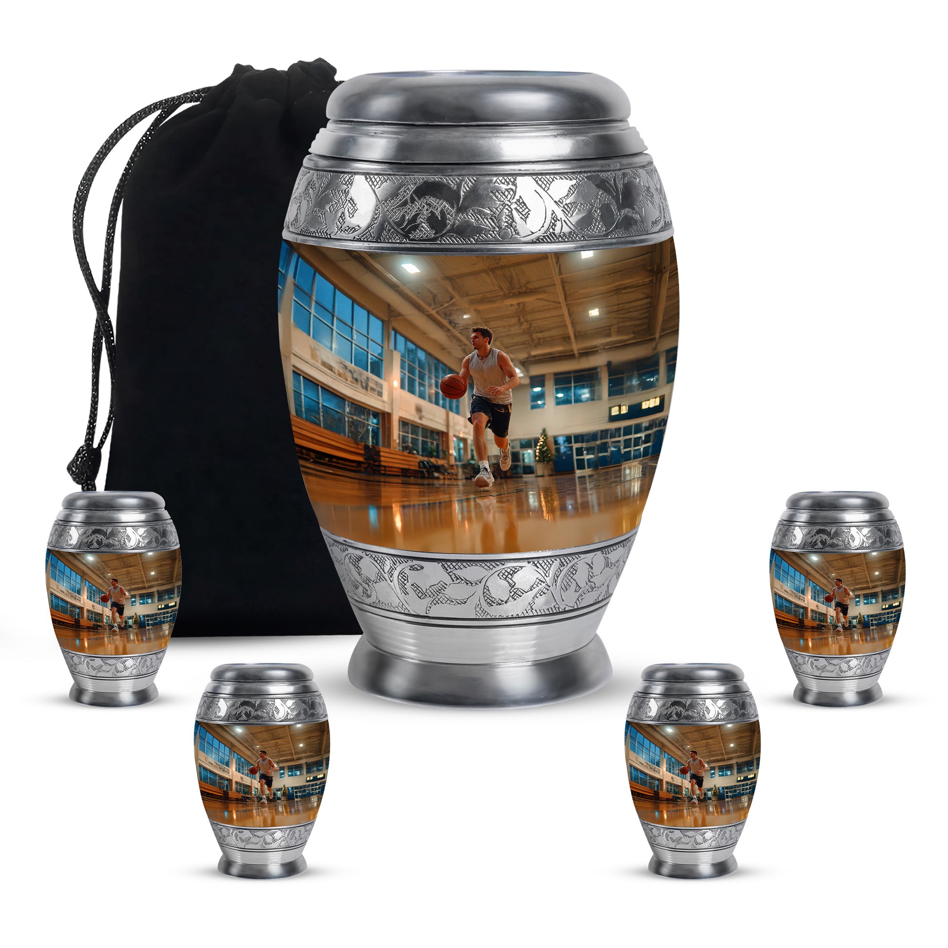 Warm Gold Basketball Cremation Urn detail view - majestic basketball pattern with filigree border - memorial set with one large and four small urns