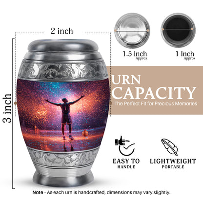 Celestial Blue Basketball Cremation Urn lifestyle display on memorial shelf - regal basketball design with crown-inspired accents - mini keepsake memorial for portion of cremation ashes