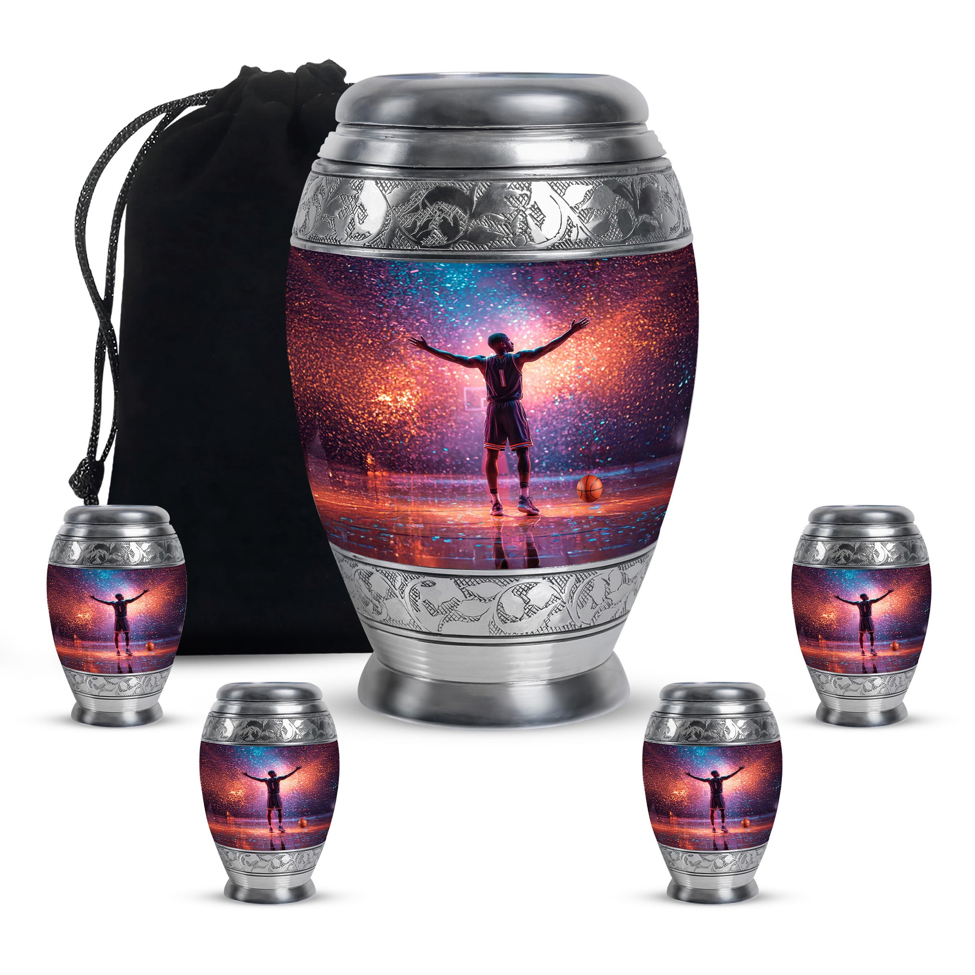 Sky Blue Basketball Cremation Urn detail view - ornate monarch-style basketball relief on brushed aluminum - memorial set with one large and four small urns