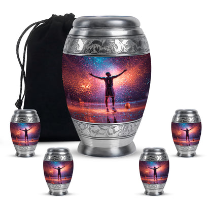 Sky Blue Basketball Cremation Urn detail view - ornate monarch-style basketball relief on brushed aluminum - memorial set with one large and four small urns