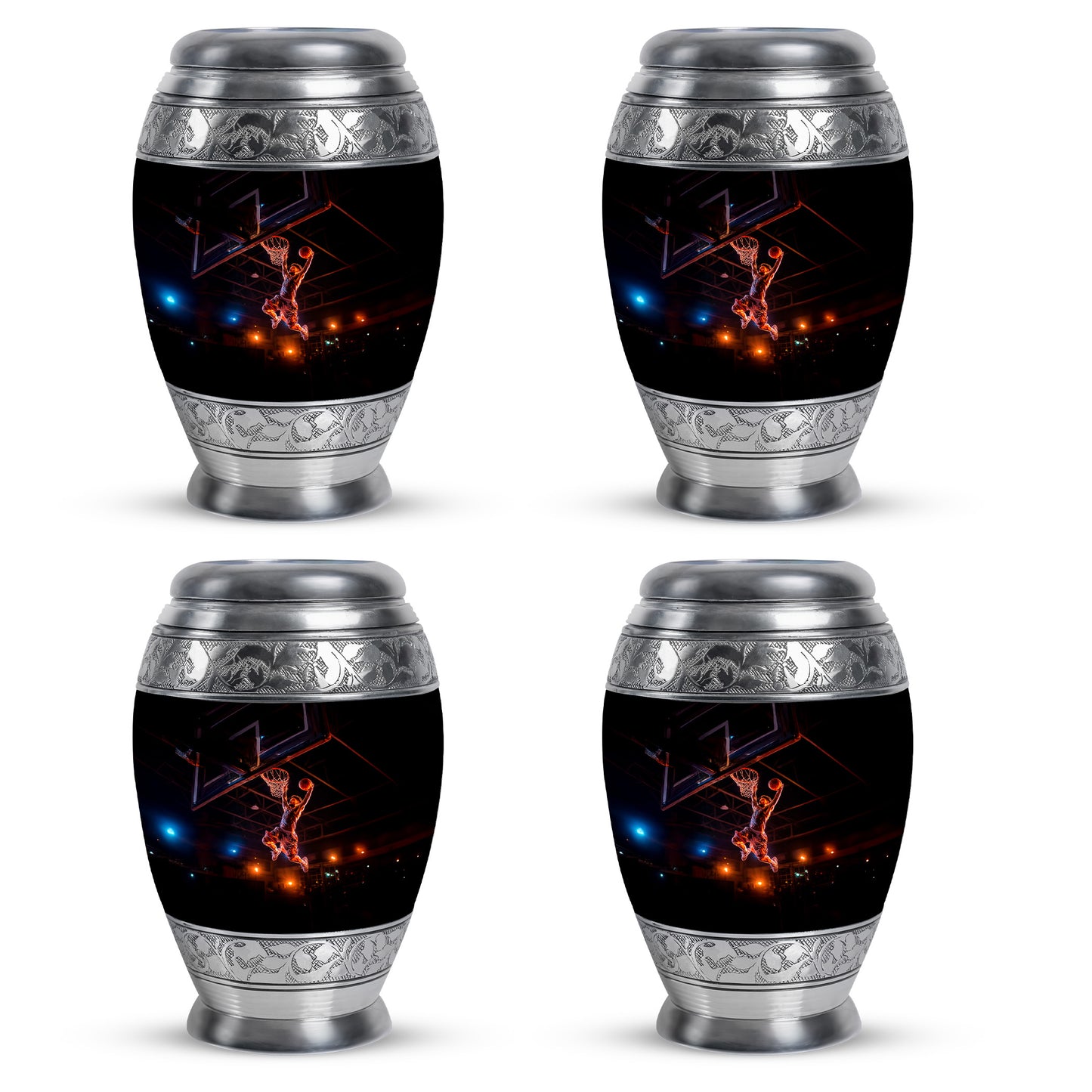 Midnight Black Basketball Cremation Urn urn with complimentary velvet bag - majestic basketball pattern with filigree border - 10 inch aluminum urn for cremated remains